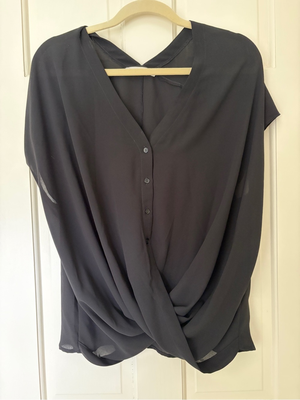 Lush Black Draped V-Neck Button-Front Blouse